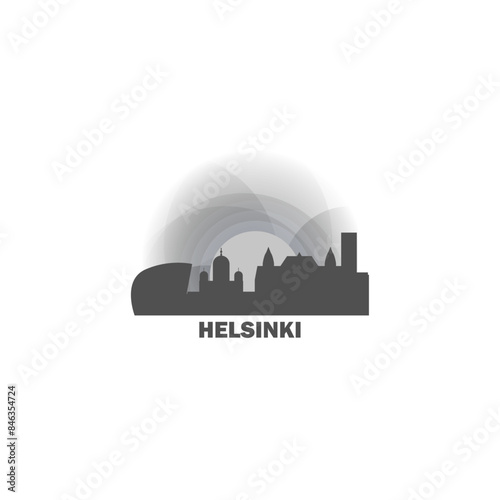 Helsinki skyline, downtown panorama logo, logotype. Finland capital city badge contour, isolated vector pictogram with cathedral, monuments, landmarks, skyscrapers at sunrise, sunset