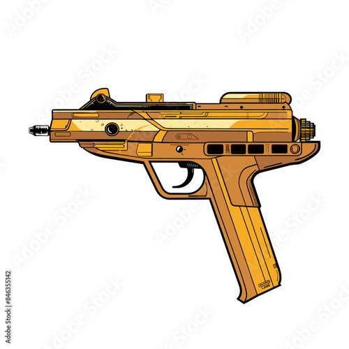 A cartoon vector illustration of steampunk yellow revolver, side view, isolated