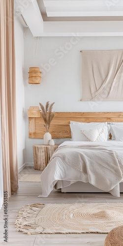 Modern hotel room with elegant bedding and stylish decor. Neutral tones, boho composition and use of natural light.