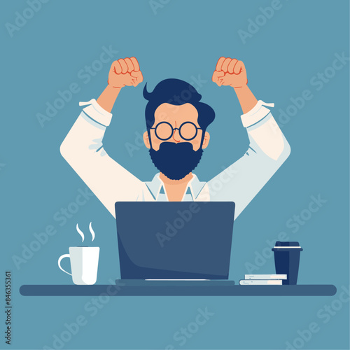 Flat illustration of an office worker sitting at his desk with coffee and laptop, happy expression on face