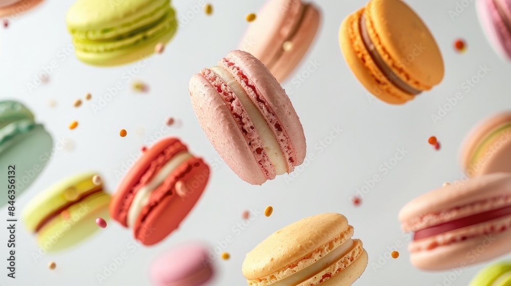 Colorful macarons flying through the air with confetti on a white background. High quality photo Colorful macarons flying through the air with confetti on a white background. High quality photo