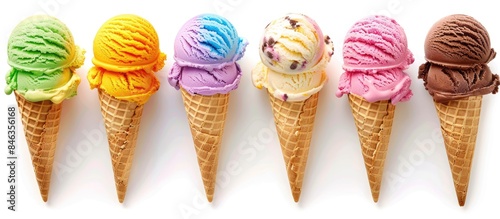 Variety of colorful ice cream scoops with cone on a white background