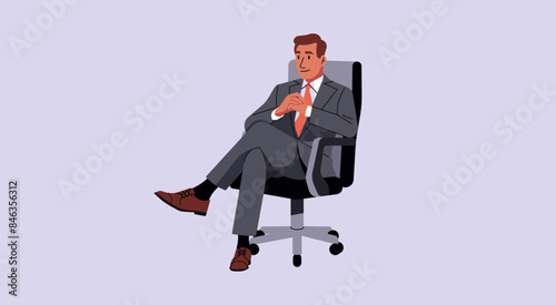 Character of Professional Businessman CEO Sitting Crossed Legs on Executive Chair with Confident Facial Expression, Vector Flat Illustration Design