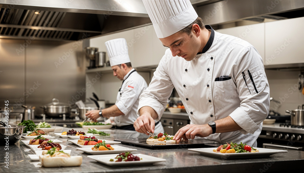 A chef in a high-end kitchen preparing a gourmet meal. A chef in a high-end kitchen preparing a gourmet meal.