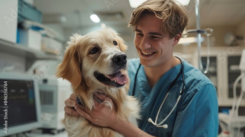 Veterinarian in blue scrubs examines a happy golden retriever in a modern veterinary clinic, highlighting pet care and animal health.