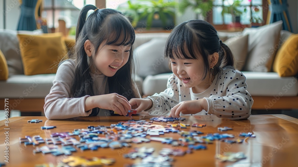 Fototapeta premium Two 10-year-old Chinese girls putting together a puzzle, realistic style, natural lighting, indoor setting. Generative AI.