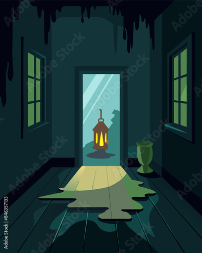 The gaslight room seemed to be frozen in time its eerie stillness disturbed only by the occasional creak of the floorboards.. Vector illustration