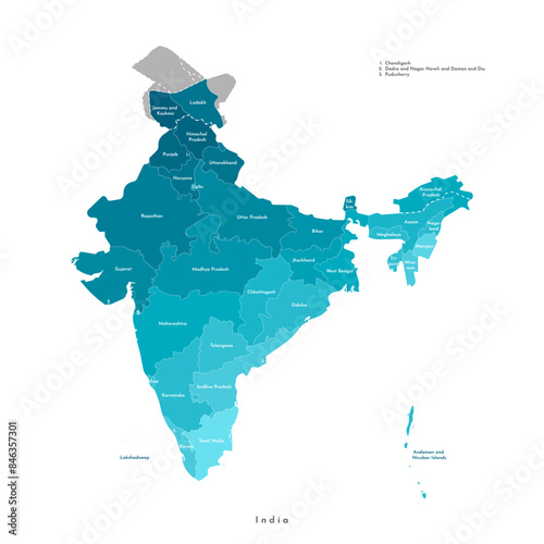 Vector modern isolated illustration. Simplified administrative blue map of India. White background. Names of regions, borders