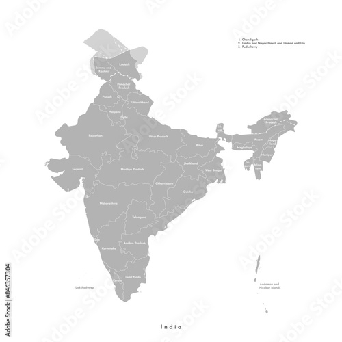 Vector modern isolated illustration. Simplified administrative grey map of India. White background. Names of indian states, borders of regions