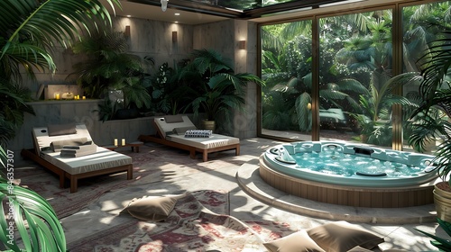 A sunroom with a luxurious spa-like ambiance, featuring a Jacuzzi, plush loungers, and tropical plants creating a relaxing atmosphere