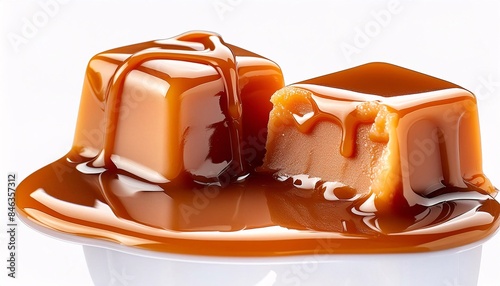 Caramel sauce dripping on caramel cubes