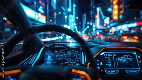Interior of a futuristic electric car, autonomous futuristic car dashboard concept with HUD and hologram screens and infotainment system