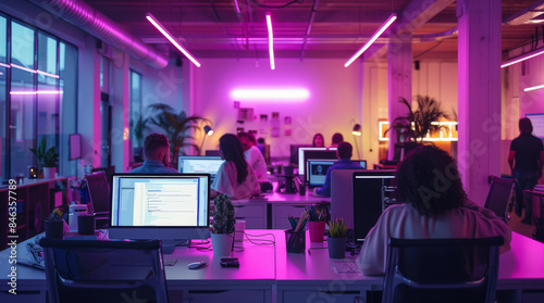 Digital agency office, with laptops, and people, purple light. Generative AI.