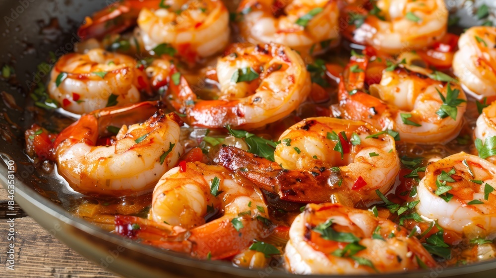 A skillet filled with cooked shrimp, garnished with cilantro and parsley A skillet filled with cooked shrimp, garnished with cilantro and parsley
