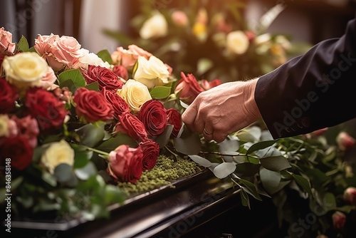 Laying flowers on the coffin. Funeral. Funeral services. Funeral decoration and organization services. Burial photo