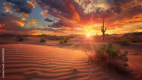 A dramatic desert landscape with towering sand dunes, a blazing sunset. photo
