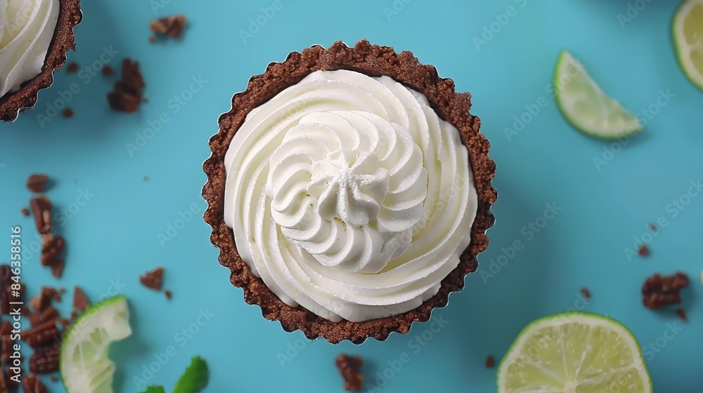 whipped cream peaks, lime slices atop Blue backdrop, surrounding cupcakes nearby whipped cream peaks, lime slices atop Blue backdrop, surrounding cupcakes nearby