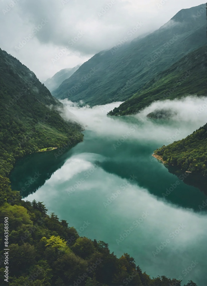 Obraz premium Stunning mountain lake with misty clouds