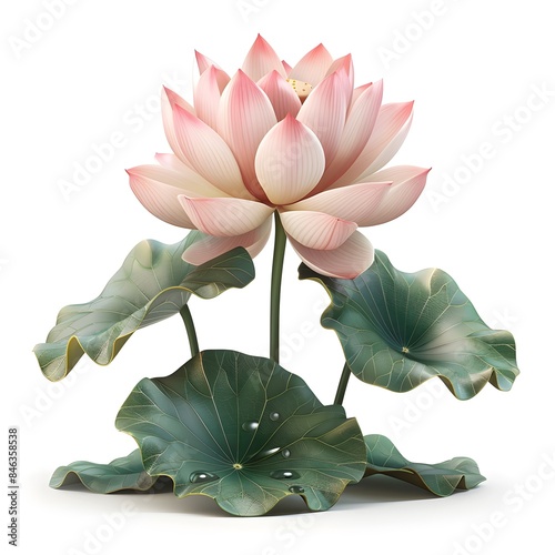 A lotus flower, aquatic plant, 3D illustration, delicate pink hues, isolated on white background photo