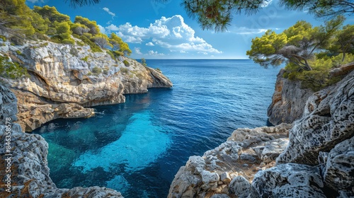 A secluded cove on the Mediterranean, with steep cliffs and deep blue waters, the peaceful solitude of naturea??s beauty on full display.