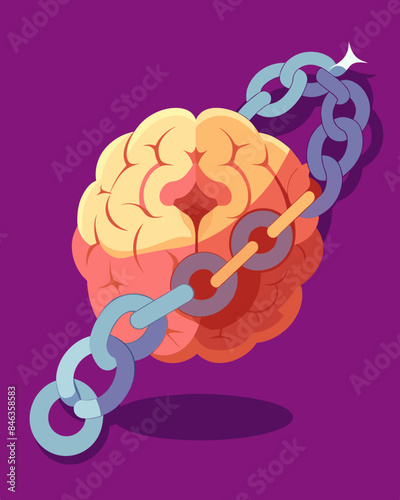 The weight of the chains on the brain drags down making it difficult to think or move forward.. Vector illustration