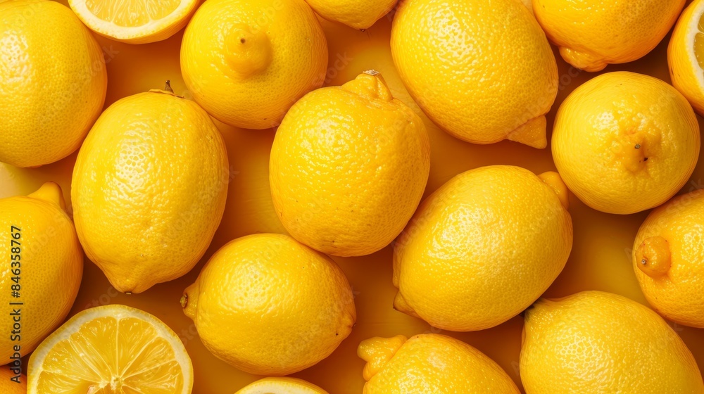 A mound of yellow lemons, one sliced in half, another whole, at picture's center A mound of yellow lemons, one sliced in half, another whole, at picture's center
