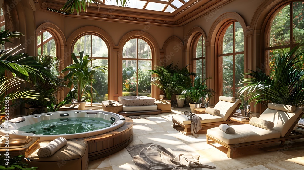 A sunroom with a luxurious spa-like ambiance, featuring a Jacuzzi, plush loungers, and tropical plants creating a relaxing atmosphere