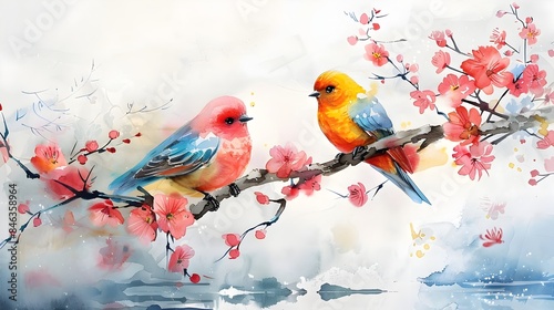 Serene Moment with Vibrant Birds Perched on Blossoming Cherry Branches Overlooking Tranquil Pond