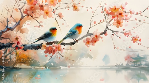 Serene Avian Moment Amid Blossoming Cherry Boughs Over Tranquil Pond