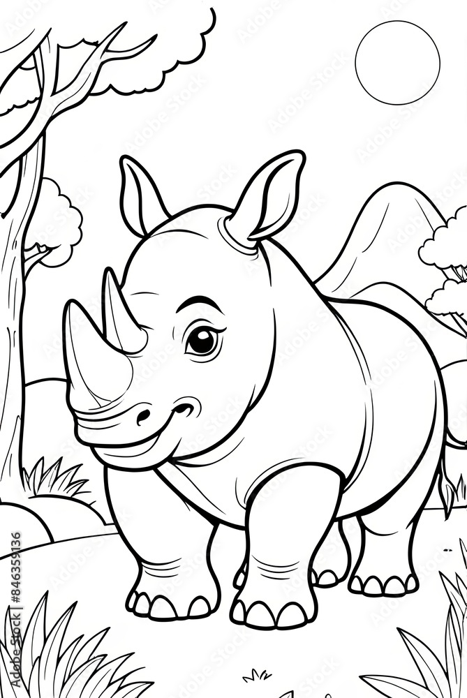 Fototapeta premium rhino Kids coloring page book art, line art, black and white illustration