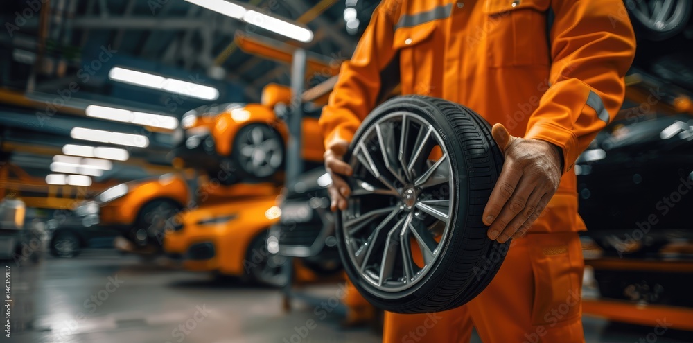 Car mechanic working in garage and changing wheel alloy tire. Repair or maintenance auto service Car mechanic working in garage and changing wheel alloy tire. Repair or maintenance auto service