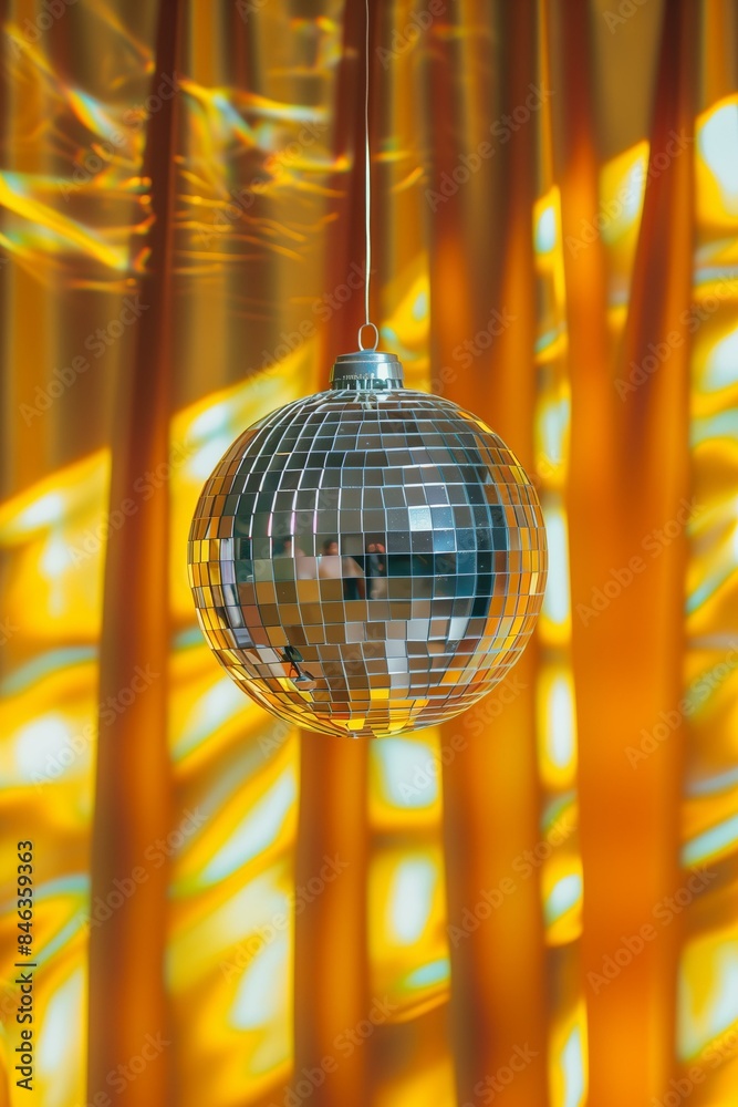 Obraz premium disco ball casting reflections, hanging against a yellow curtain, festive and nostalgic mood, silver and yellow tones