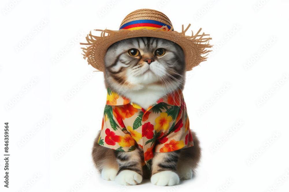 Portrait of a funny cat wearing a straw hat and Hawaiian shirt on vacation Isolated on white background Portrait of a funny cat wearing a straw hat and Hawaiian shirt on vacation Isolated on white background