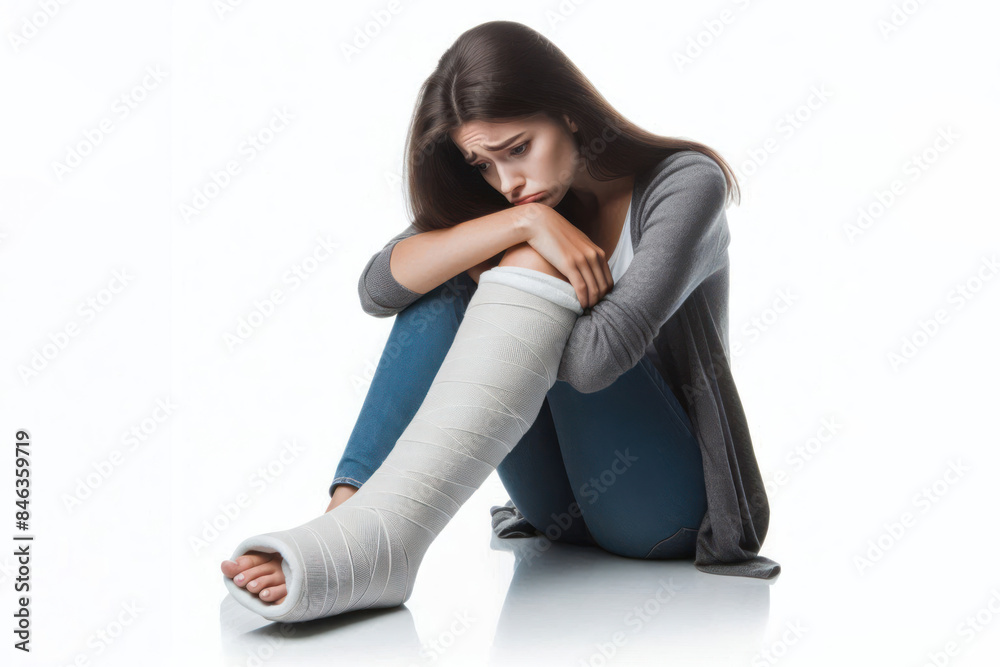 Sad woman with a broken leg in a cast Isolated on white background Sad woman with a broken leg in a cast Isolated on white background