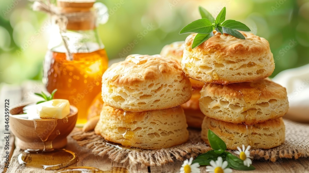 A stack of biscuits atop a wooden table, beside a steaming cup of tea and a jar of honey A stack of biscuits atop a wooden table, beside a steaming cup of tea and a jar of honey