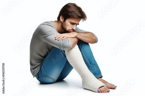 Sad man with a broken leg in a cast Isolated on white background photo