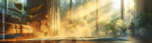 A detailed side view of a modern living room, capturing indoor air pollution with swirling dust particles in ray of light, emphasizing health impact photo