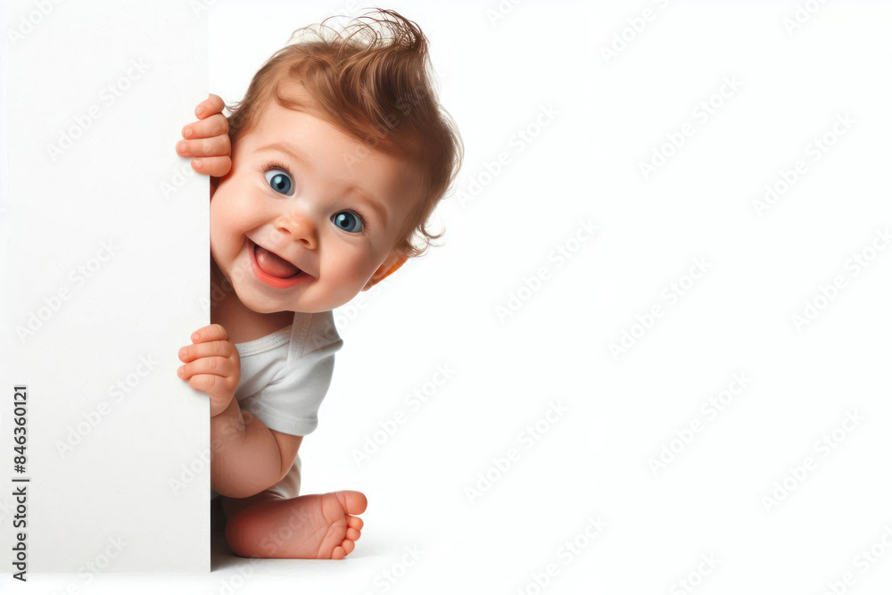 Funny little baby peeks out from around the corner Isolated on white background Funny little baby peeks out from around the corner Isolated on white background