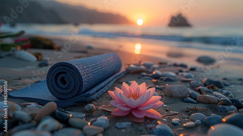 A neatly rolled vibrant yoga mat placed in a serene outdoor setting, location such as a peaceful beach at sunrise, A lotus flower placed delicately beside the yoga mat. Generative AI. photo