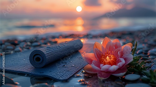 A neatly rolled vibrant yoga mat placed in a serene outdoor setting, location such as a peaceful beach at sunrise, A lotus flower placed delicately beside the yoga mat. Generative AI.