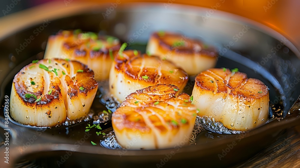 A pan filled with sea scallops sits atop a wooden table, near a bottle of wine A pan filled with sea scallops sits atop a wooden table, near a bottle of wine