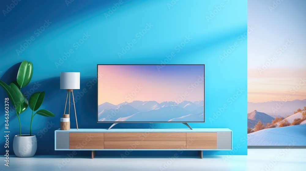 Fototapeta premium Interior home of living room with wooden cabinet for TV LED on blue wall background