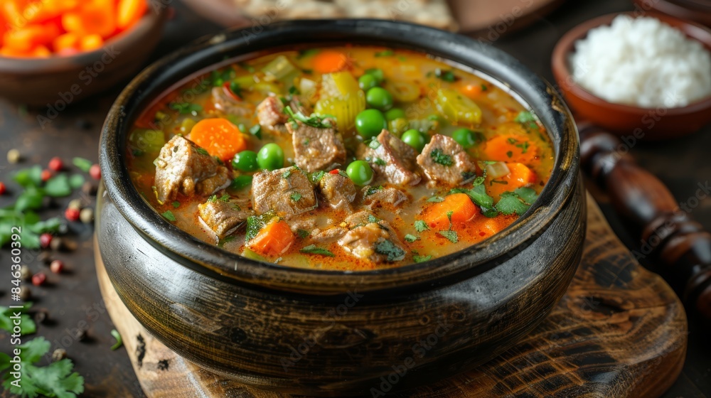 A bowl of hearty stew with carrots, peas, and meat on a weathered wooden board Nearby, separate bowls hold steaming hot rice and assorted vegetables A bowl of hearty stew with carrots, peas, and meat on a weathered wooden board Nearby, separate bowls hold steaming hot rice and assorted vegetables