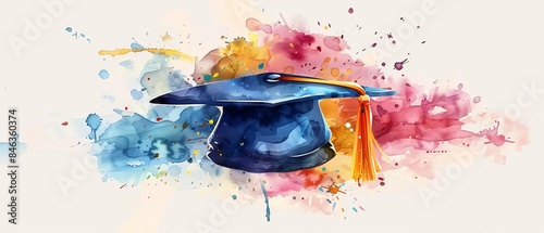 A DIY decorated graduation cap with whimsical designs and playful elements in a watercolor style, showcasing celebratory accessories