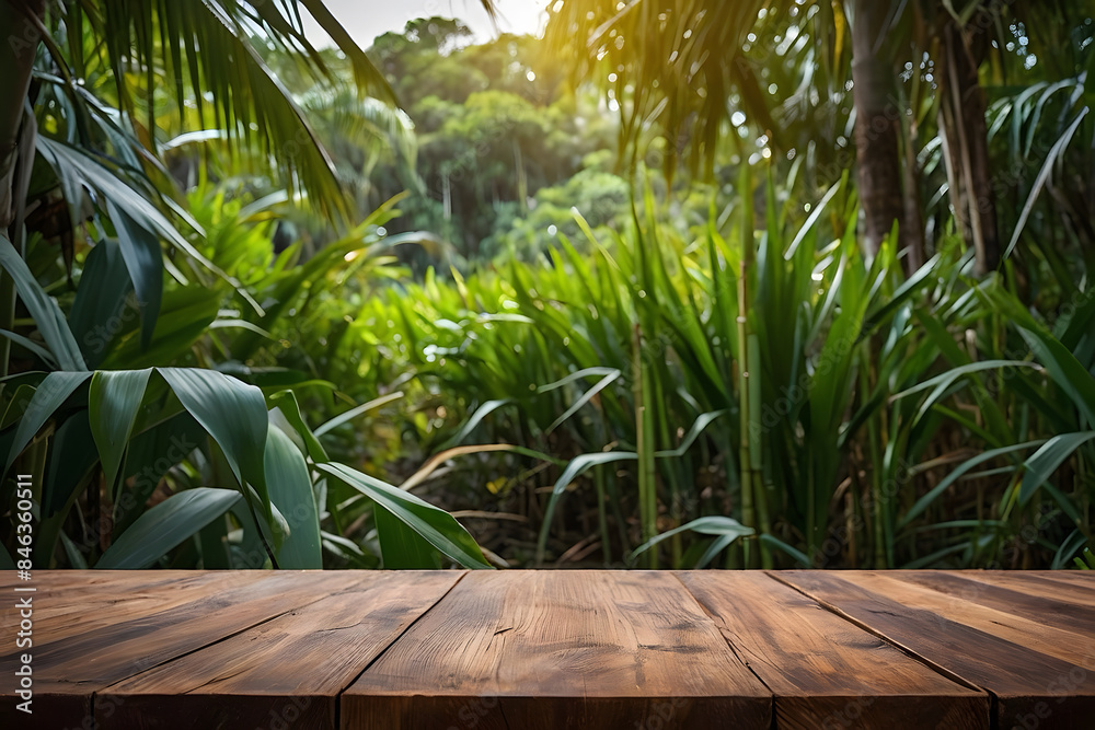 A wooden table with a sugarcane background