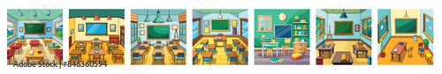Empty school classroom, education class with wooden tables and chairs, Anime background concept of a school classroom view, kid's  kindergarten room or nursery school