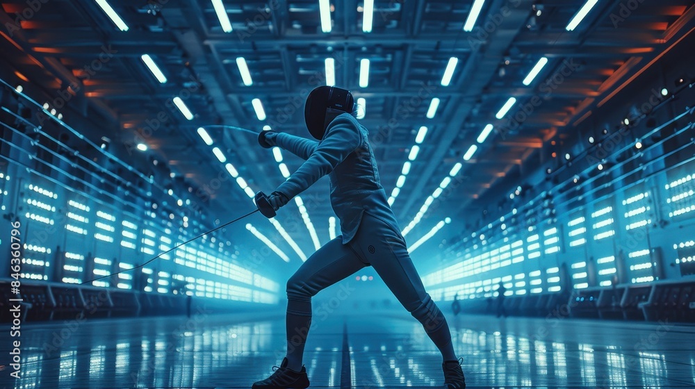 A man in a white jacket and grey pants is fencing in a large, brightly lit room A man in a white jacket and grey pants is fencing in a large, brightly lit room