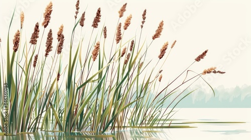 Swamp grass, reed plant, marsh bush, pond cattail shrub. Landscape river floral design element. Swamp lake grass photo