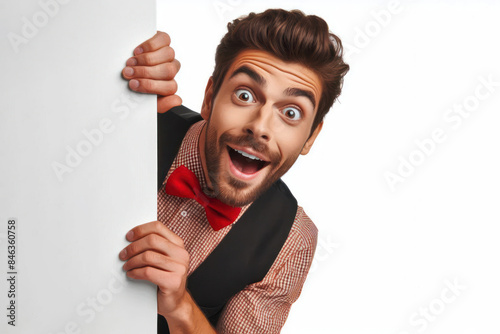 Funny surprised man peeks out from around the corner Isolated on white background