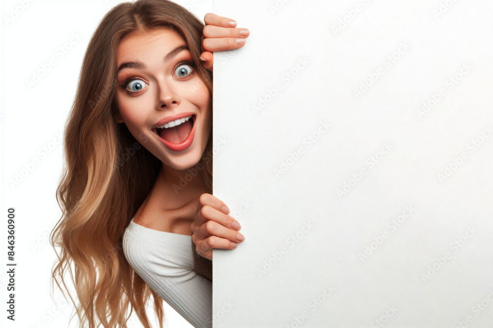Funny surprised woman peeks out from around the corner Isolated on white background Funny surprised woman peeks out from around the corner Isolated on white background